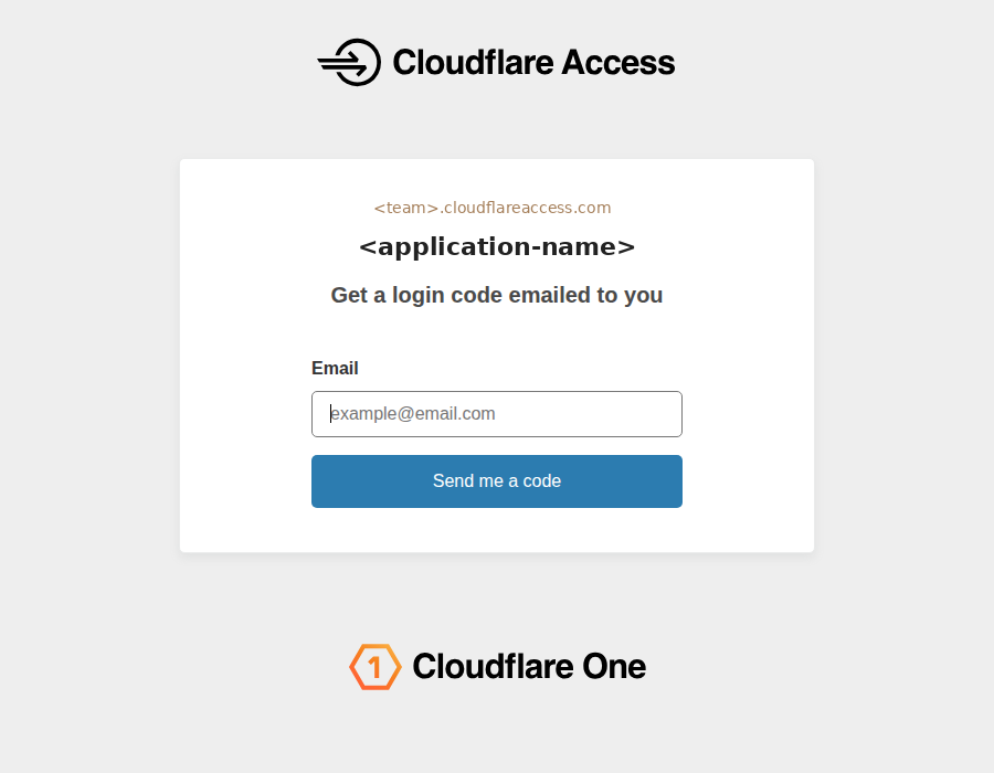 Cloudflare Access の One-time PIN ログイン画面。メールアドレスを入れて Send me a code を押すとコードが送られる