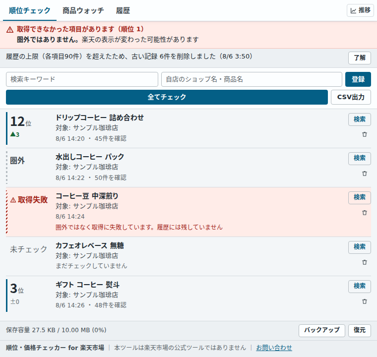 拡張の画面。登録した 5 件のキーワードが縦に並び、左端に 12 位・圏外・取得失敗・未チェック・3 位といまの状態、その下に前回比が出ている。
